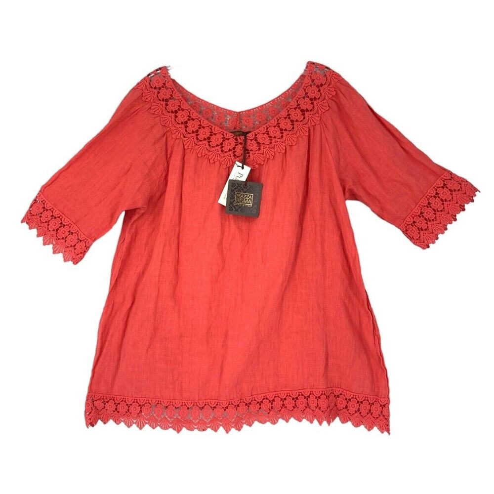 Piazza Roma Italy 100% Linen Top Crochet Trim Coral Large